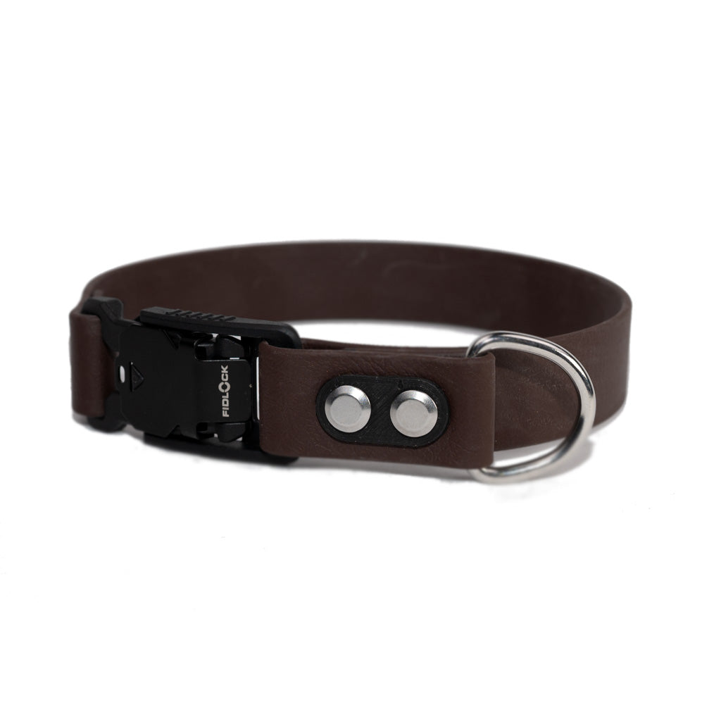 brown collar with quick release buckle and silver hardware made by darn.dog