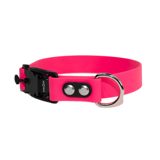 pink collar with quick release buckle and silver hardware made by darn.dog