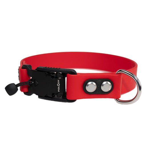 red collar with quick release buckle and silver hardware made by darn.dog